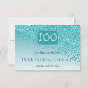 Chic 100 Verjaardag Blauwgroen Blue Glitter RSVP Kaartje