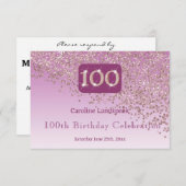 Chic 100 Verjaardag Roos Gouden Glitter RSVP (Voorkant / Achterkant)