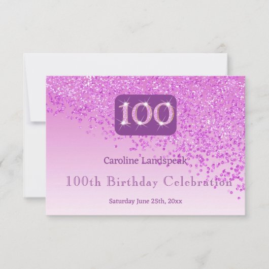 Chic 100 Verjaardag Roze Glitter RSVP (Voorkant)