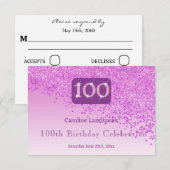 Chic 100 Verjaardag Roze Glitter RSVP (Voorkant / Achterkant)