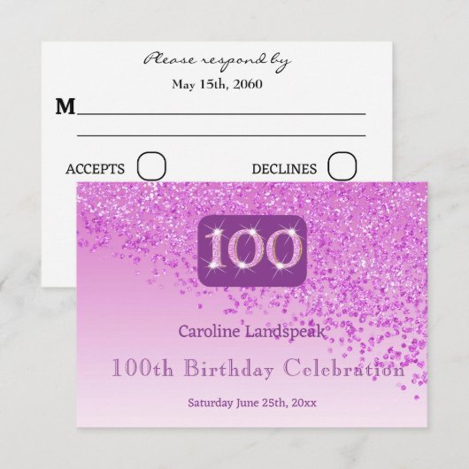 Chic 100 Verjaardag Roze Glitter RSVP (Voorkant / Achterkant)