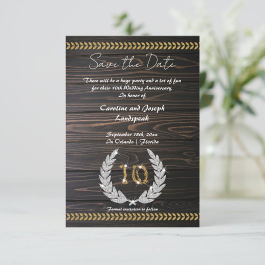 Chic 10e jubileum Wood & Gold  Save the Date Kaart (Staand voorkant)