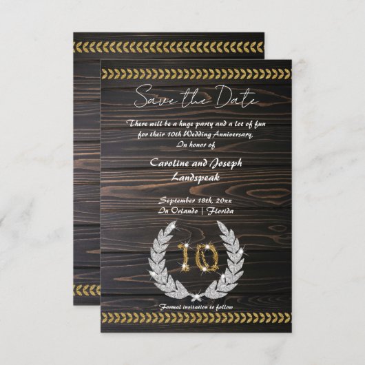 Chic 10e jubileum Wood & Gold Save the Date Kaart (Voorkant / Achterkant)