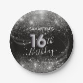 Chic 16e Verjaardag Zilveren Glitter & Zwart Papieren Bordje (Voorkant)