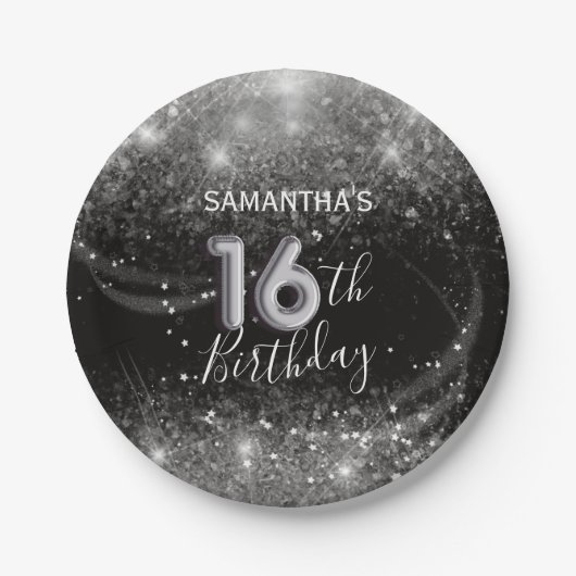 Chic 16e Verjaardag Zilveren Glitter & Zwart Papieren Bordje (Voorkant)
