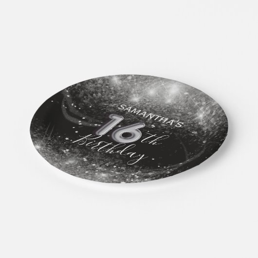 Chic 16e Verjaardag Zilveren Glitter & Zwart Papieren Bordje (Gekanteld)