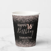 Chic 16e Verjaardag Zwart en Roos Goud Glitter Papieren Bekers (Achterkant)