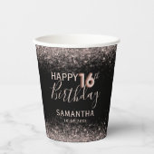 Chic 16e Verjaardag Zwart en Roos Goud Glitter Papieren Bekers (Voorkant)