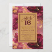 Chic 16th Birthday Burgundy Blush Gold Invitation Kaart (Voorkant)