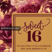 Chic 16th Birthday Burgundy Blush Gold Invitation Kaart