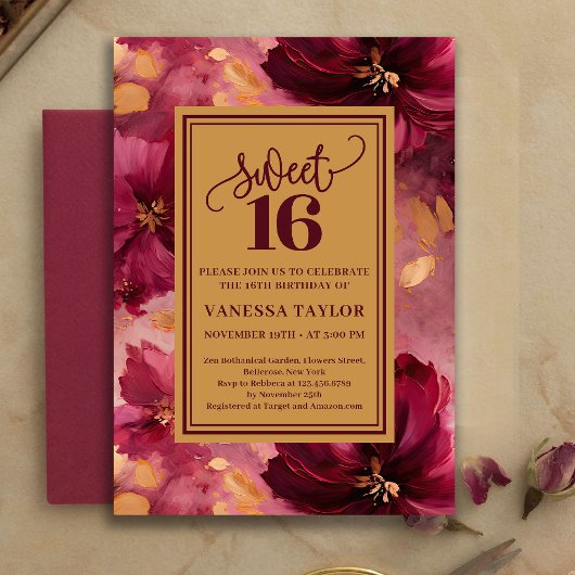 Chic 16th Birthday Burgundy Blush Gold Invitation Kaart