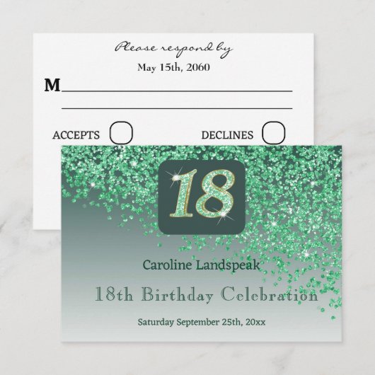 Chic 18 Verjaardag Groene Glitter RSVP (Voorkant / Achterkant)