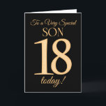 Chic 18e Gold-effect op Black voor Son Birthday Kaart<br><div class="desc">Een chique 18e Verjaardag Kaart voor een 'Very Special Son',  met een nummer 18 samengesteld uit gouden-effect nummers en het woord 'Son',  in gouden-effect,  op een zwarte achtergrond. Het bericht aan de binnenkant,  dat u desgewenst kunt wijzigen,  is 'Happy Birthday'</div>
