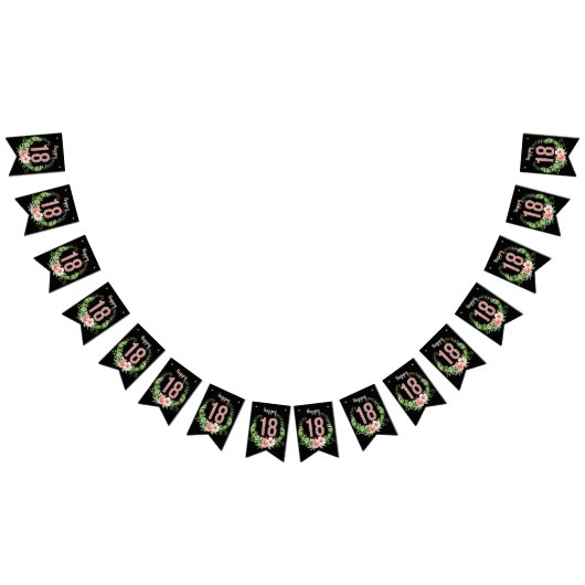 Chic 18th Birthday Roos Gold Glitter Black Floral Vlaggetjes (Alle)