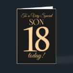 Chic 18th Gold-effect op Black for Son Birthday Kaart<br><div class="desc">Een 18e kinderkaart voor een 'zeer speciale zoon',  met een nummer 18,  bestaande uit gouden-effectgetallen en het woord 'zoon',  in gouden werking,  op een zwarte achtergrond. Het binnenste bericht,  dat je kunt wijzigen als je dat wilt,  is 'Happy Birthday'</div>