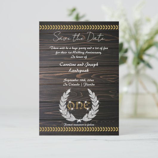 Chic 1e Jubileum Hout & Goud Save the Date Kaart (Staand voorkant)