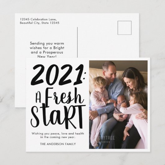 Chic 2021 Een nieuwe start typografie Nieuwjaarsfo Feestdagenkaart (Voorkant / Achterkant)