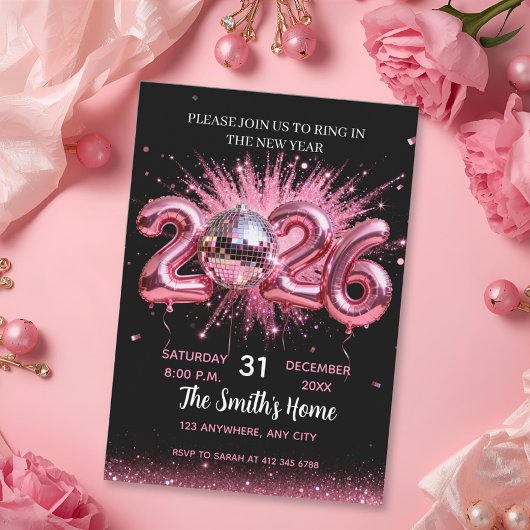 Chic 2026 New Year' Eve Party Pink Glitter Black  Kaart