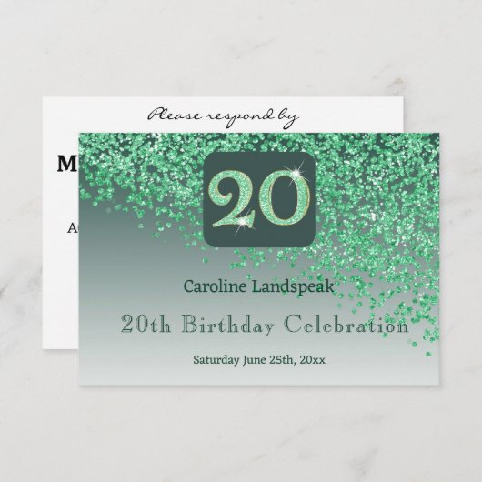 Chic 20 Birthday Green Glitter RSVP (Voorkant / Achterkant)