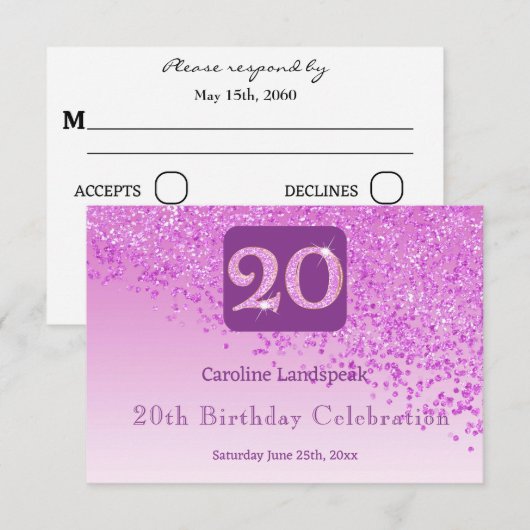 Chic 20 Birthday Pink Glitter RSVP (Voorkant / Achterkant)