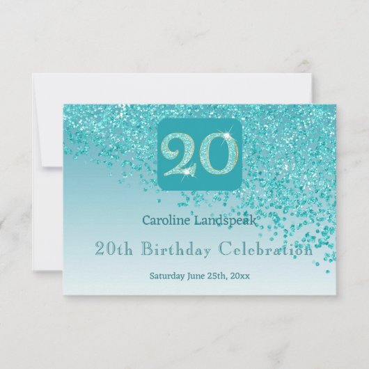 Chic 20 Birthday Teal Blue Glitter RSVP Kaartje (Voorkant)