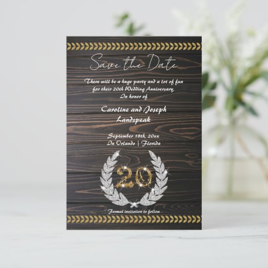 Chic 20e Jubileum Hout & Goud Save the Date Kaart (Staand voorkant)