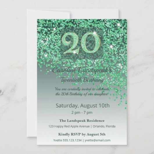 Chic 20th Birthday Green Glitter Kaart (Voorkant)