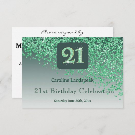 Chic 21 Birthday Green Glitter RSVP (Voorkant / Achterkant)
