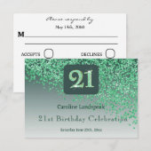 Chic 21 Birthday Green Glitter RSVP Kaartje (Voorkant / Achterkant)