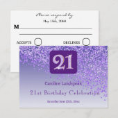 Chic 21 Birthday Purple Glitter RSVP (Voorkant / Achterkant)