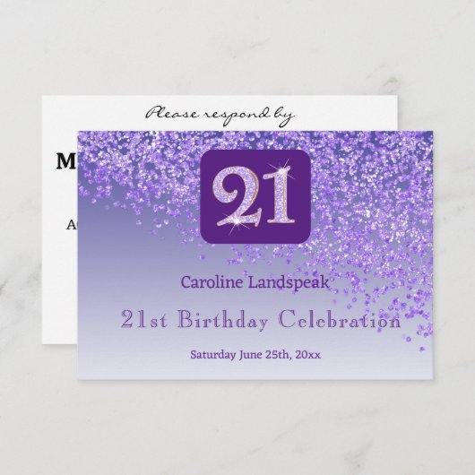 Chic 21 Birthday Purple Glitter RSVP (Voorkant / Achterkant)