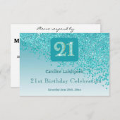 Chic 21 Birthday Teal Blue Glitter RSVP (Voorkant / Achterkant)