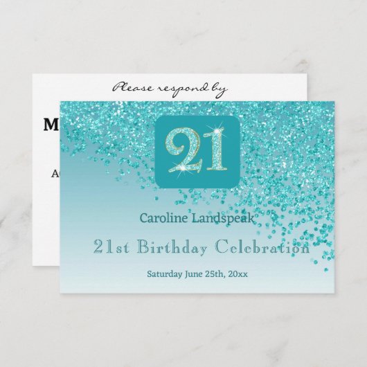 Chic 21 Birthday Teal Blue Glitter RSVP (Voorkant / Achterkant)
