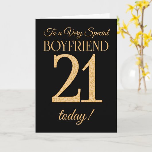 Chic 21e Gold-effect op Black Boyfriend Birthday Kaart (Gele Bloem)