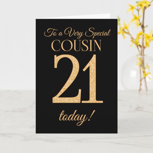 Chic 21e Gold-effect op Black, Cousin Verjaardag Kaart (Gele Bloem)