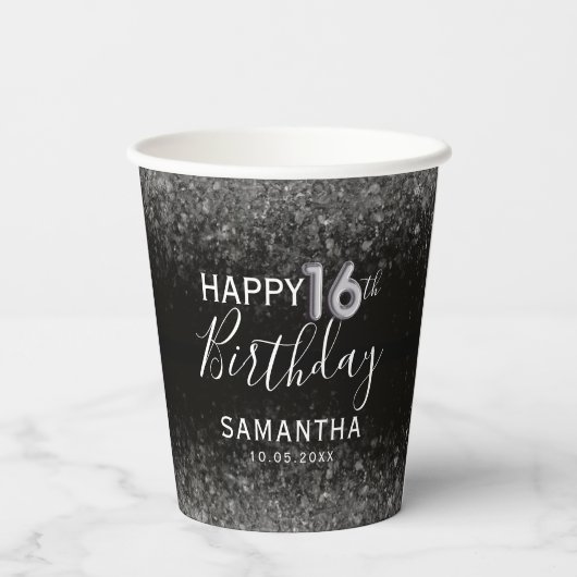 Chic 21e Verjaardag Zwart en Roos Gouden Glitter P Papieren Bekers (Achterkant)