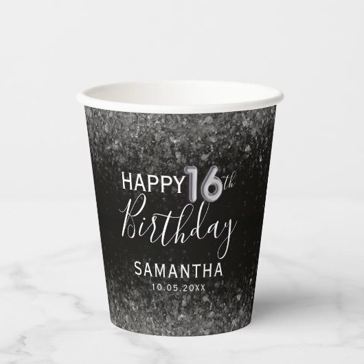 Chic 21e Verjaardag Zwart en Roos Gouden Glitter P Papieren Bekers (Voorkant)