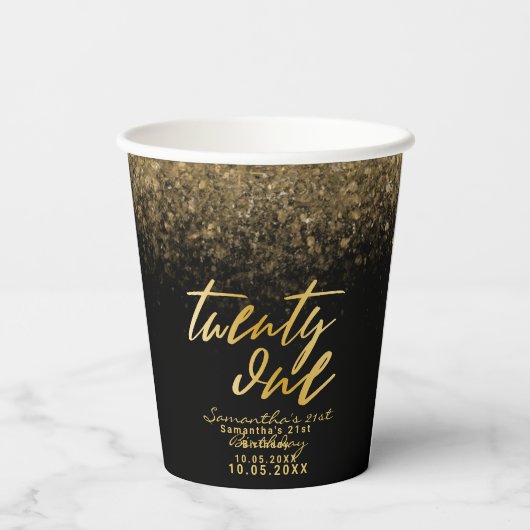 Chic 21st Birthday Black en Gold Glitter Papieren Bekers (Achterkant)