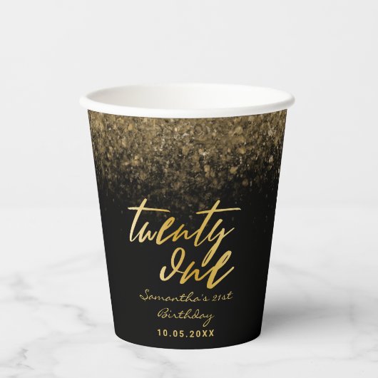 Chic 21st Birthday Black en Gold Glitter Papieren Bekers (Voorkant)