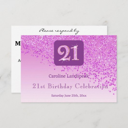 Chic 21st Birthday Pink Glitter RSVP (Voorkant / Achterkant)