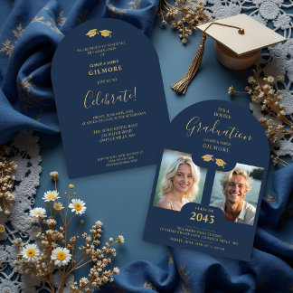 Chic 2-Photo Twins Graduation Fake Golden Blue Kaart