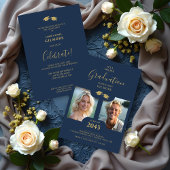 Chic 2-Photo Twins Graduation Fake Golden Blue Kaart