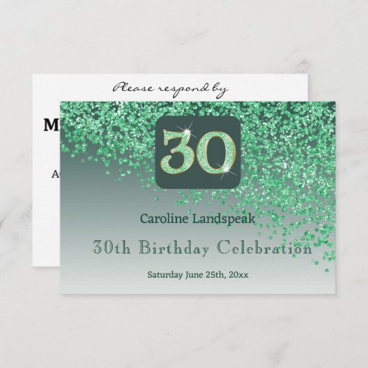 Chic 30 Birthday Green Glitter RSVP (Voorkant / Achterkant)