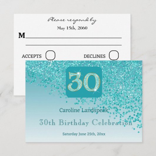 Chic 30 Verjaardag Blauwgroen Blue Glitter RSVP (Voorkant / Achterkant)
