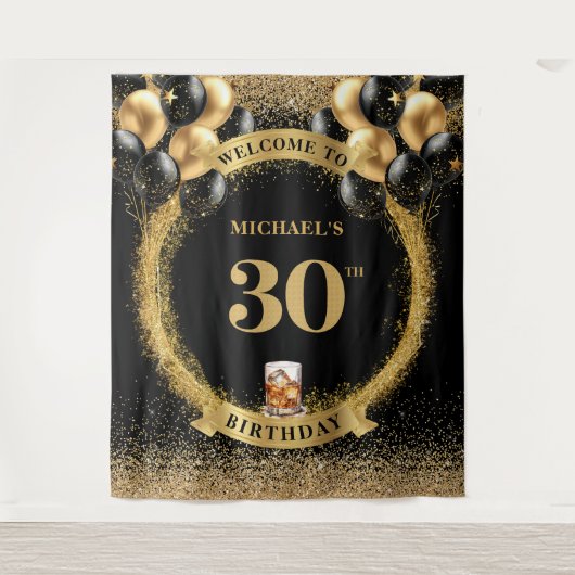 Chic 30e Man Verjaardag Whiskey Party Event Banner Wandkleed (Voorkant)