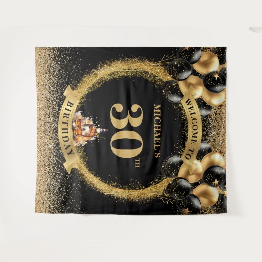 Chic 30e Man Verjaardag Whiskey Photo Party Banner Wandkleed (Voorkant (horizontaal))