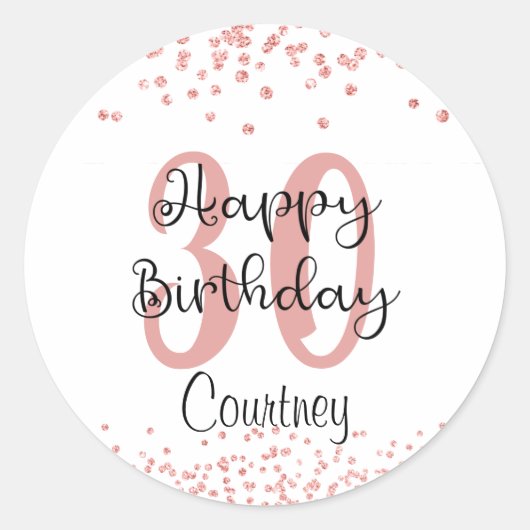 Chic 30th Birthday Roos Gold Glitter Name Ronde Sticker (Voorkant)