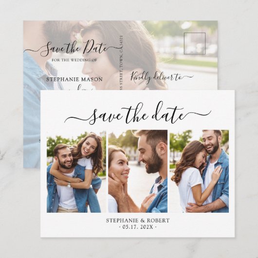 Chic 3 Foto Collage Budget Trouwkaart Save the Dat Aankondigingskaart (Voorkant / Achterkant)