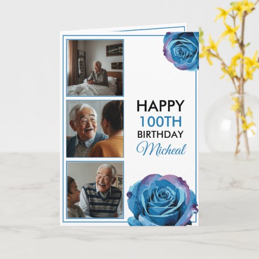 Chic 3 Fotocollage 100e verjaardag Kaart (Gele Bloem)