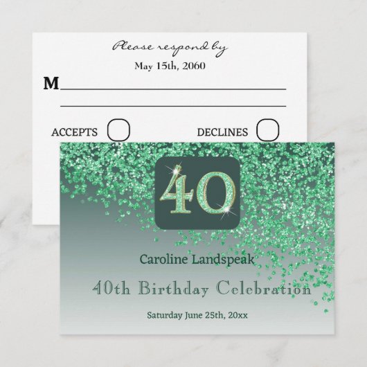 Chic 40 Birthday Green Glitter RSVP (Voorkant / Achterkant)